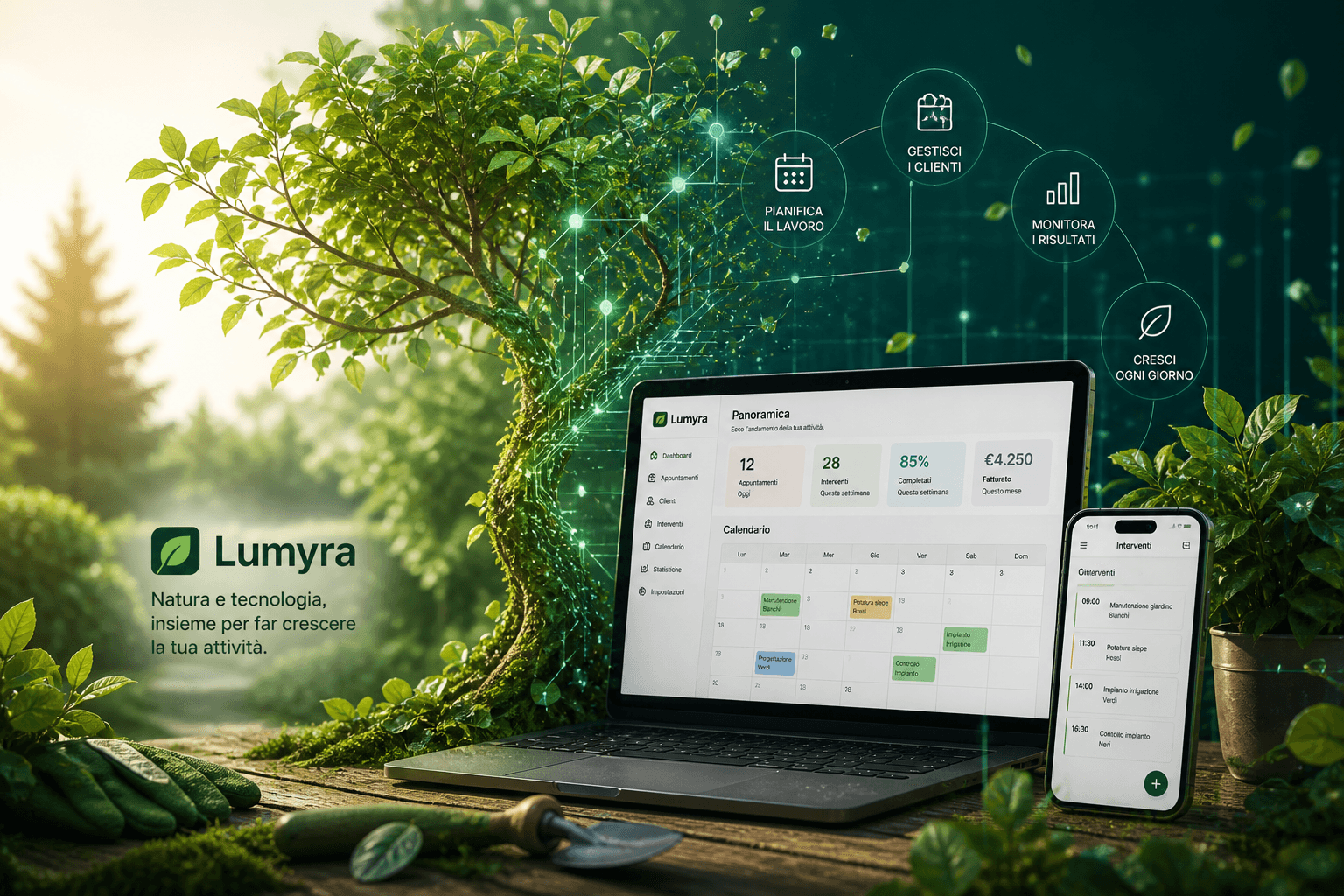 Dashboard Lumyra su laptop e smartphone con elementi di natura e tecnologia integrati